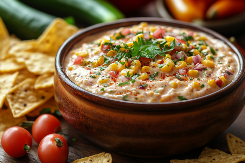 Delicious bowl of creamy corn dip surrounded by tortilla chips and fresh vegetable sticks, garnished with herbs on a rustic wooden table.