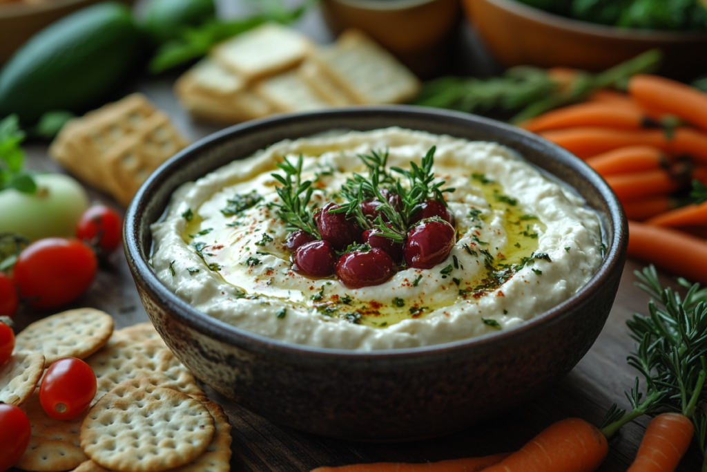 A bowl of creamy and smooth cream cheese dip surrounded by fresh vegetables, crackers, and fruit, showcasing what cream cheese dip is made of.