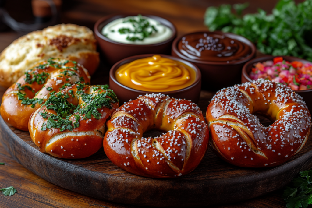 Assorted pretzels with small bowls of dips including cheese, mustard, chocolate, and caramel on a rustic table – What is good to dip pretzels into?