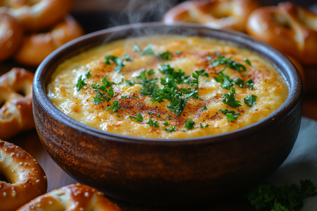 Golden pretzel cheese dip surrounded by freshly baked soft pretzels on a rustic wooden table, highlighting what pretzel cheese dip is made of.