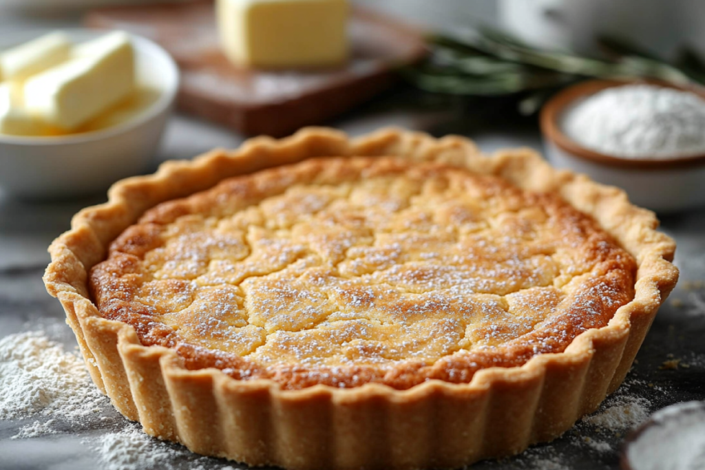 Freshly baked shortbread crust in a tart pan, golden brown and crumbly, showcasing the key ingredients of butter and flour in the background.