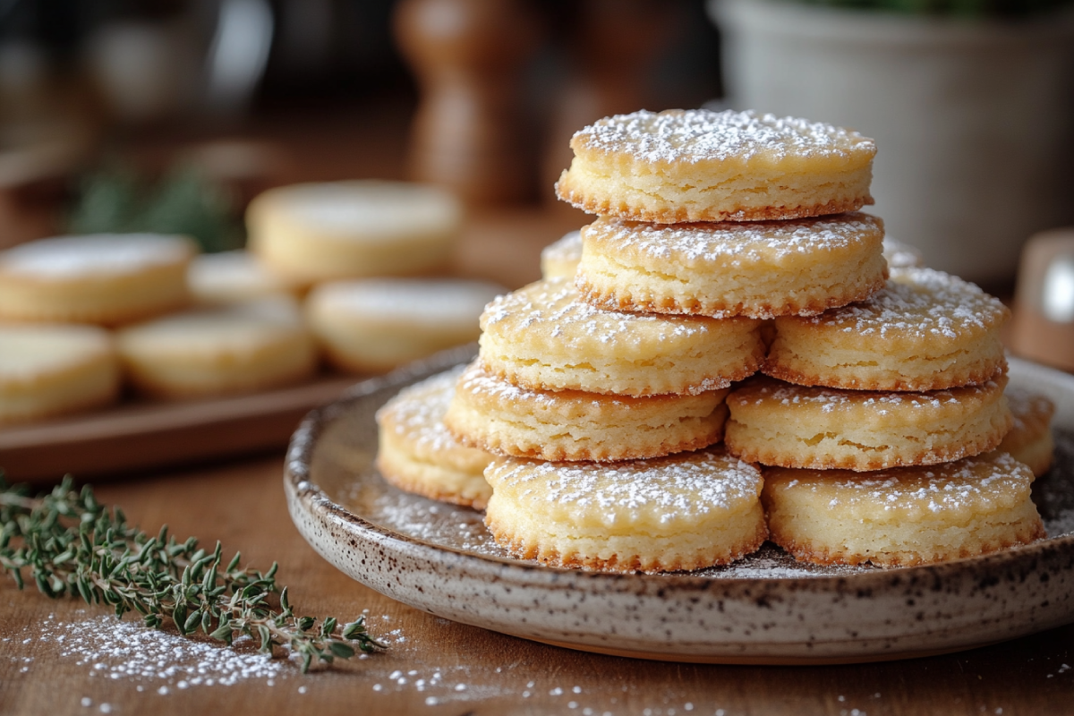 A plate of freshly baked shortbread cookies, showcasing the golden, crumbly texture and answering the question, what is the trick to shortbread?