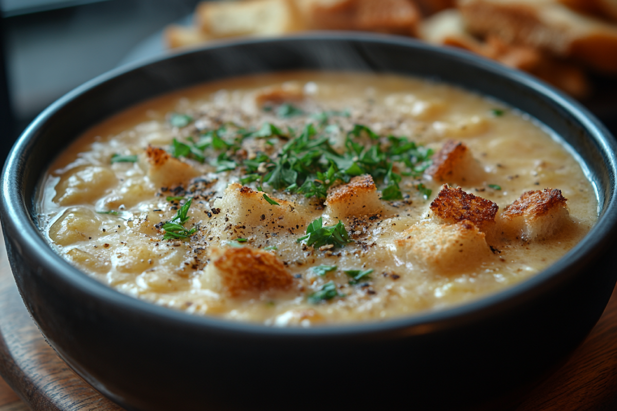 A steaming bowl of creamy soup garnished with fresh herbs and croutons, showcasing what makes soup more creamy with its rich texture.