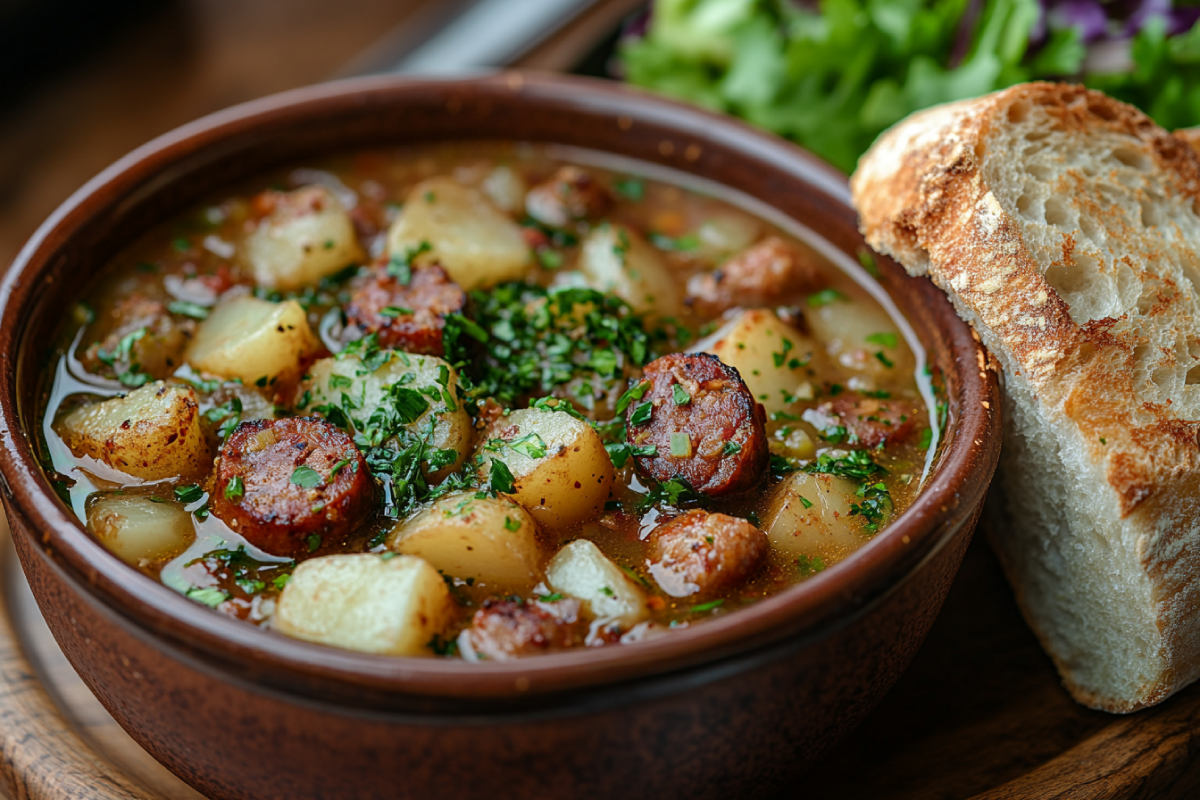 A bowl of kielbasa soup with smoky sausage, potatoes, and vegetables, served with crusty bread and a fresh salad on a rustic wooden table. Perfect ideas for what to serve with kielbasa soup.