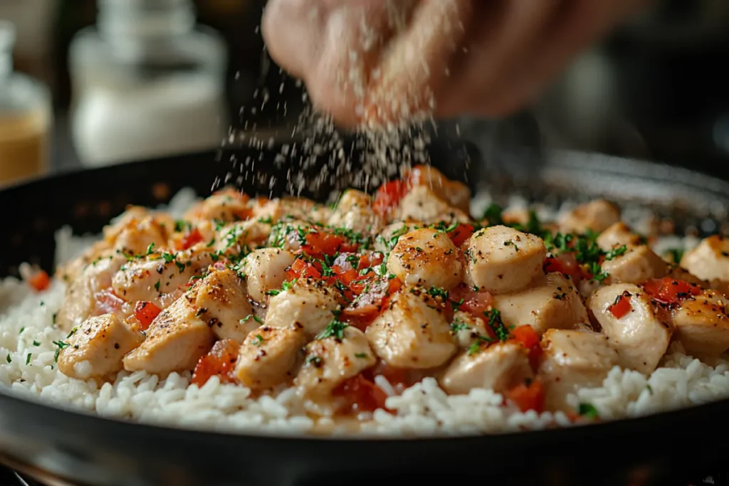 When you can skip browning chicken for casseroles, showing raw chicken, seasonings, and sauces being added to a casserole dish without browning. The image highlights easy, time-saving cooking steps with ingredients like creamy chicken and rice, herbs, and spices in a well-lit kitchen setting.