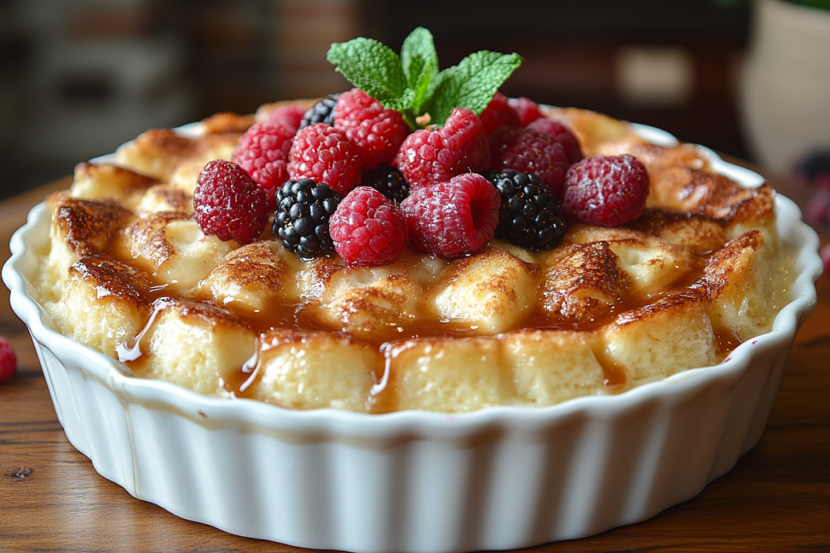 White chocolate bread pudding topped with caramel drizzle and fresh berries, served in a rustic ceramic dish on a wooden table.