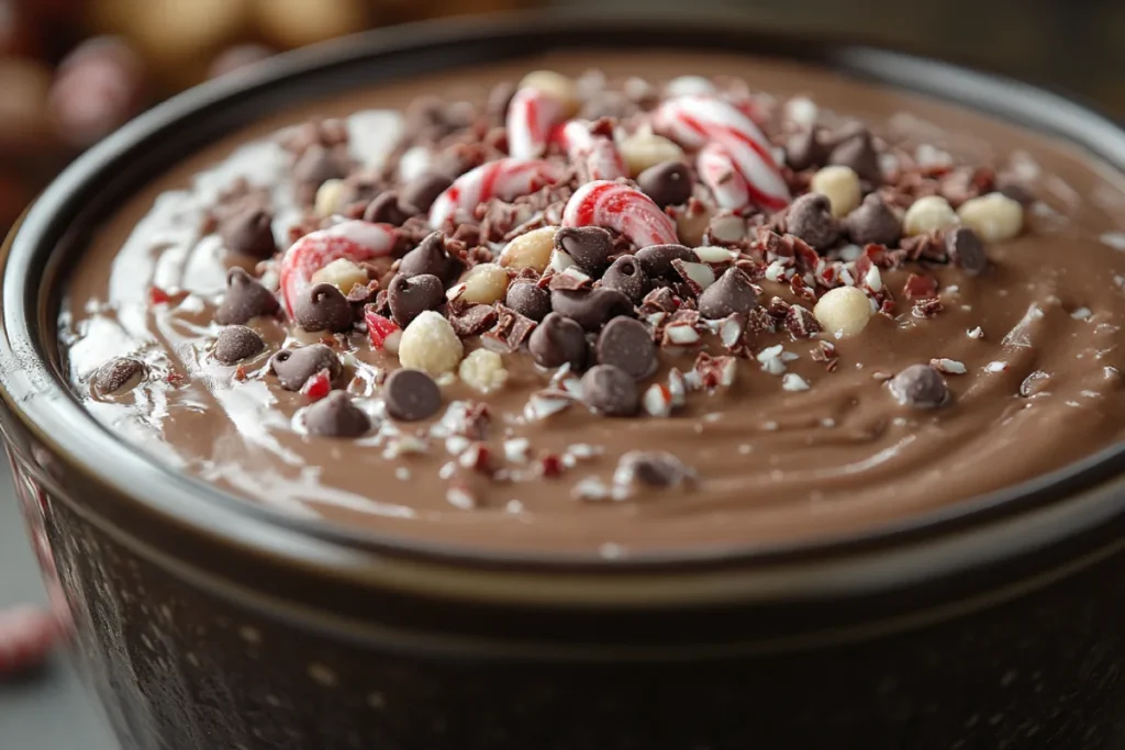 Close-up view of smooth, melted almond bark in a crockpot, blending with peanuts, chocolate chips, and festive add-ins like crushed candy canes and M&M’s. The image emphasizes the creamy consistency and binding properties of almond bark, showcasing its role in making Crockpot Christmas Crack with Almond Bark.