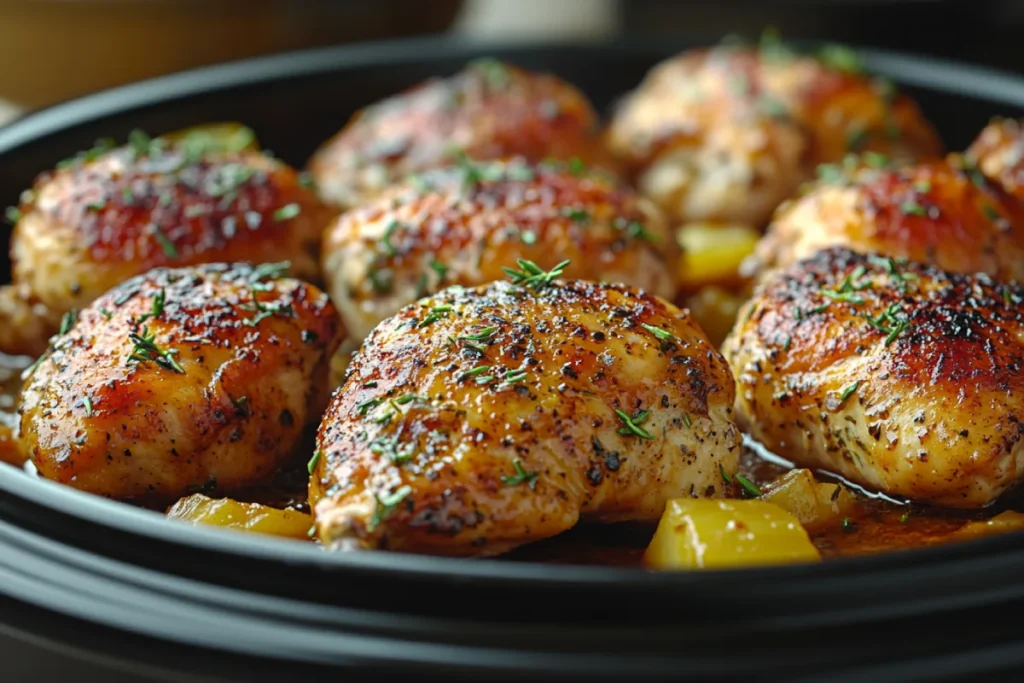 Close-up view of golden-brown chicken sizzling in a pan, showcasing the Maillard reaction process and the rich, roasted color of the chicken. The crispy crust enhances the flavor, and the image highlights the visual appeal of browning chicken before slow cooking, with the savory oils and juices forming a base for a delicious dish.