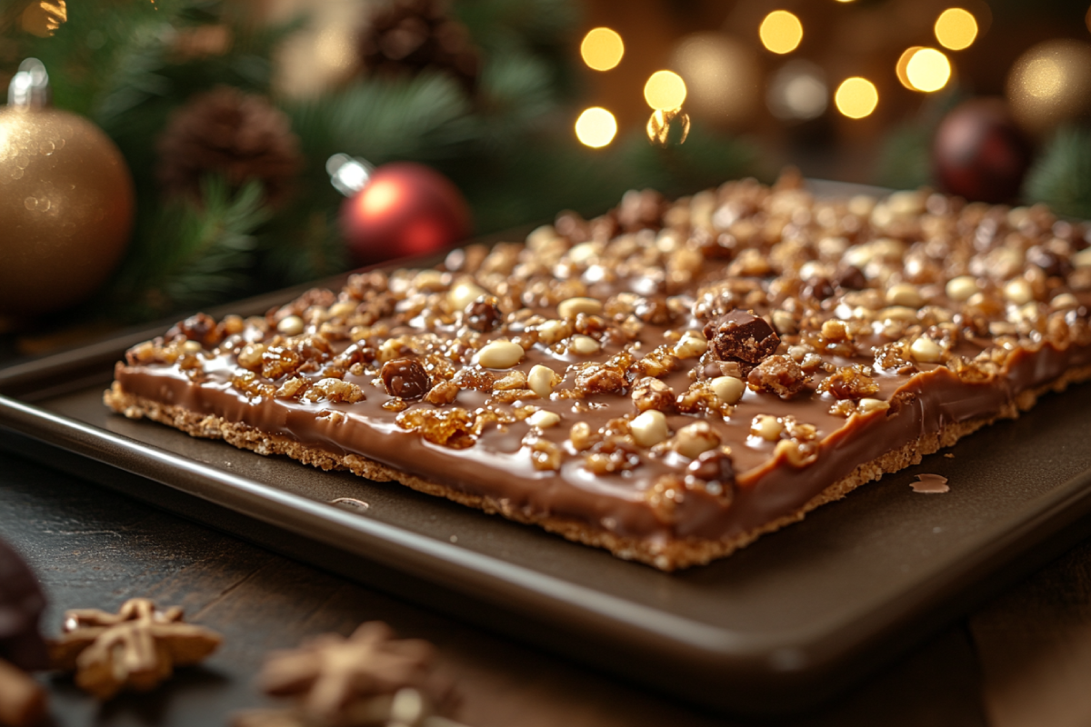 A festive holiday kitchen showing a tray of soft Christmas Crack with gooey toffee and melted chocolate, highlighting why it didn’t harden properly