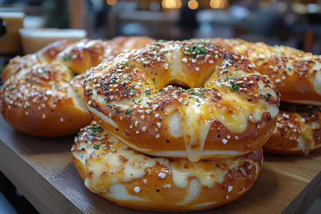 A social scene in a German beer garden featuring cheese-topped pretzels with melted Emmental or Gruyère cheese, served with creamy dips like Obatzda and herb-infused spreads. This image captures the growing trend of cheese on pretzels in Germany, blending traditional flavors with modern gourmet toppings. Do Germans put cheese on pretzels?