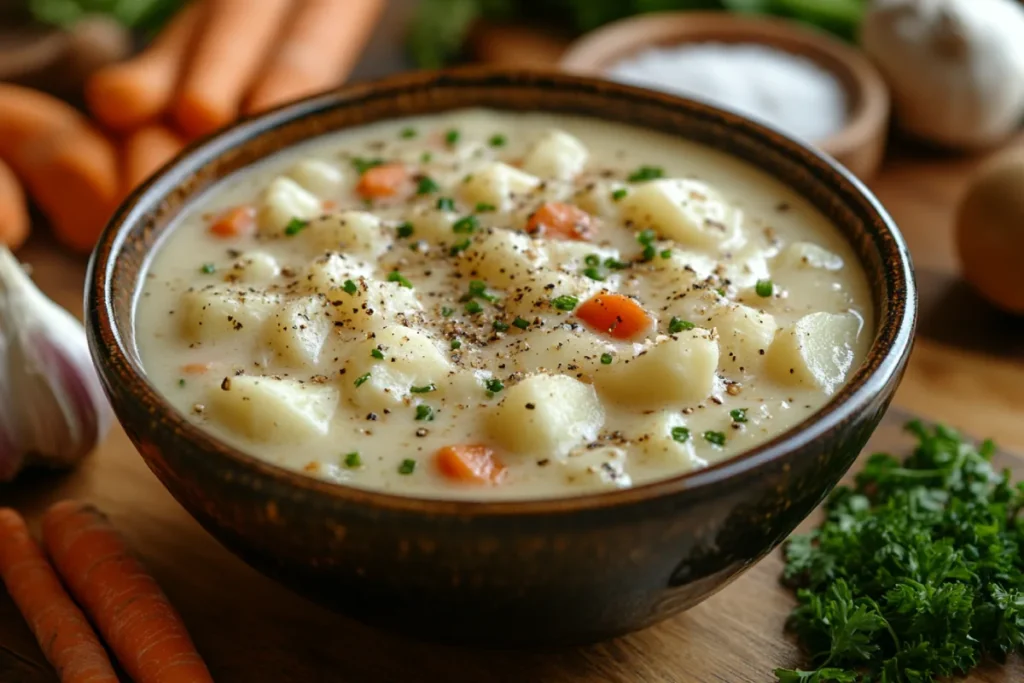 An image of a steaming bowl of potato soup with a creamy, neutral base, surrounded by fresh ingredients like onions, garlic, celery, and carrots, highlighting the importance of learning how to add flavor to bland potato soup.