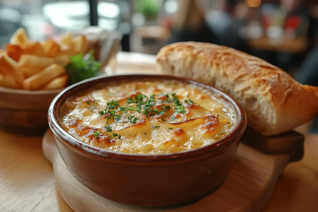 "A vibrant Panera Bread restaurant scene featuring a bowl of Panera French Onion Soup, a fresh baguette, and a promotional menu announcing its return after the Panera French Onion Soup removal. The warm, inviting atmosphere highlights the excitement of customers celebrating the comeback of the iconic dish. Rustic decor and soft lighting emphasize the comforting appeal of the soup, with a promotional banner in the background showcasing Panera's responsiveness to customer feedback and nostalgia.
