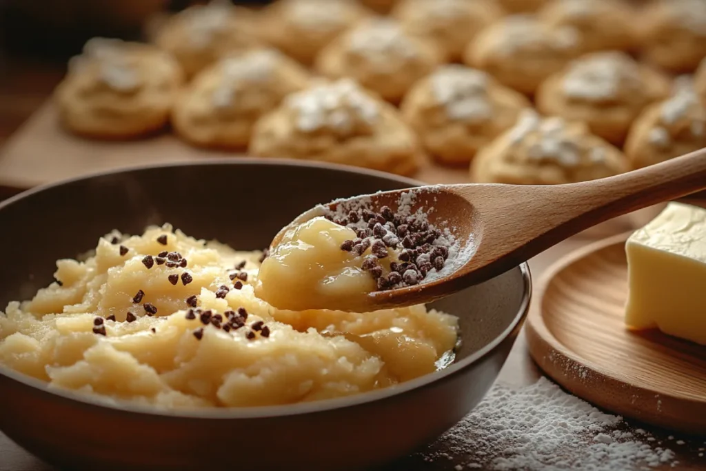 Close-up of applesauce being poured into a mixing bowl as a butter substitute for baking cookies. A stick of butter sits nearby, highlighting the choice of using applesauce in cookies for a healthier alternative.