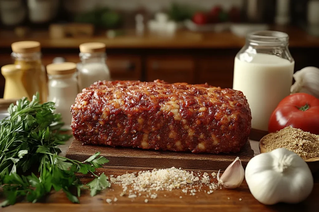 Realistic depiction of a meatloaf made with water instead of milk, showing the difference in texture and moisture. The meatloaf appears drier and crumblier, with visible cracks, highlighting why water doesn’t match up in meatloaf recipes. Surrounding ingredients like water, breadcrumbs, and spices emphasize the lack of richness, flavor, and binding properties that milk provides, resulting in a less appealing, flat texture.