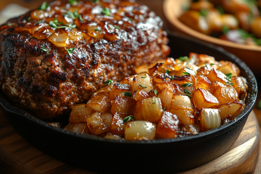 Caramelized onions in a skillet next to a meatloaf mixture, showcasing why cook onions before adding to meatloaf for enhanced flavor and texture.