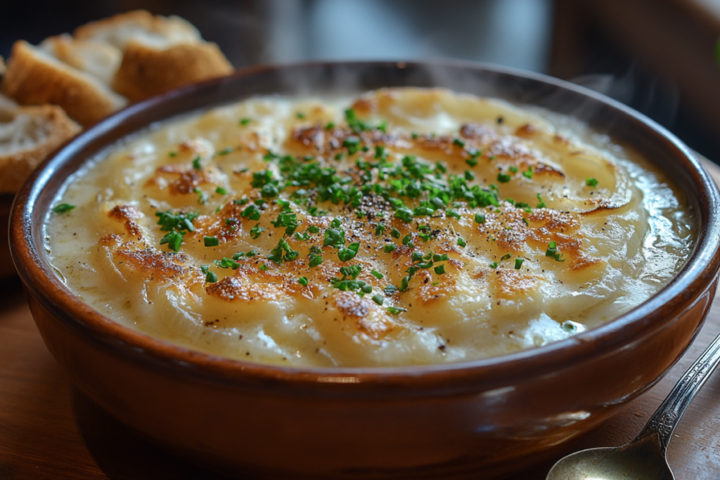 Why does French onion soup taste so good? A rustic bowl of French onion soup with caramelized onions, melted Gruyère cheese, and crusty bread.