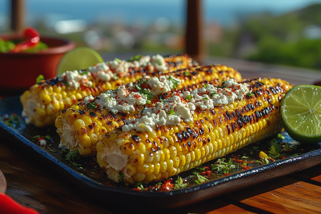 Freshly grilled Mexican street corn coated with mayonnaise, cotija cheese, chili powder, and lime wedges, showcasing why Mexican street corn is so good.