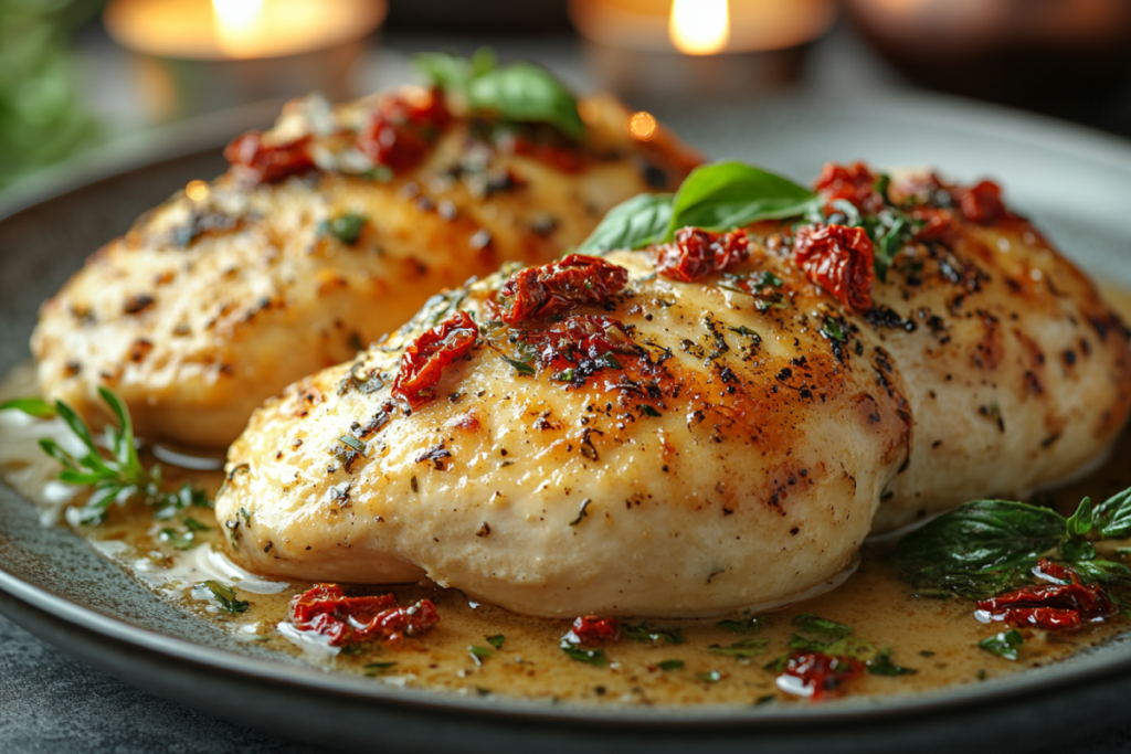 Marry Me Chicken served on an elegant plate with creamy sauce, sun-dried tomatoes, and fresh basil, in a romantic candlelit dinner setting.