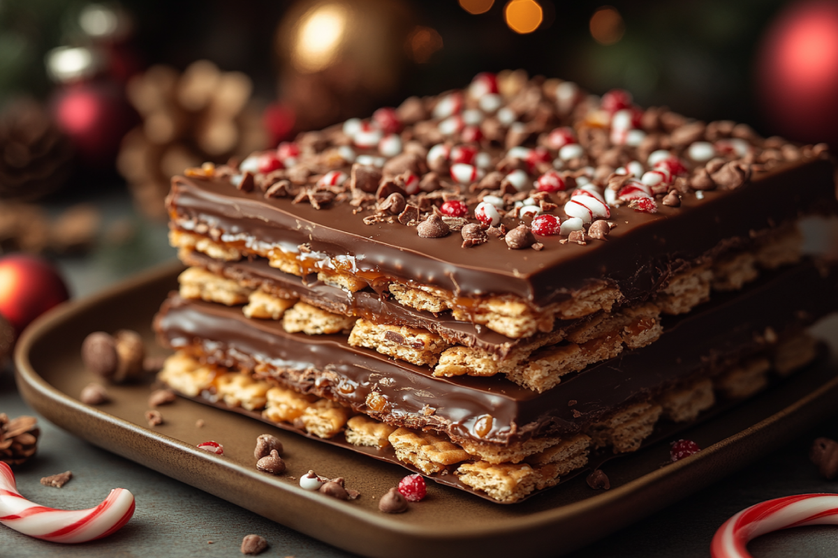 A festive tray of Christmas Crack showcasing its crunchy texture with layers of caramel, chocolate, and crackers, perfect for the holidays