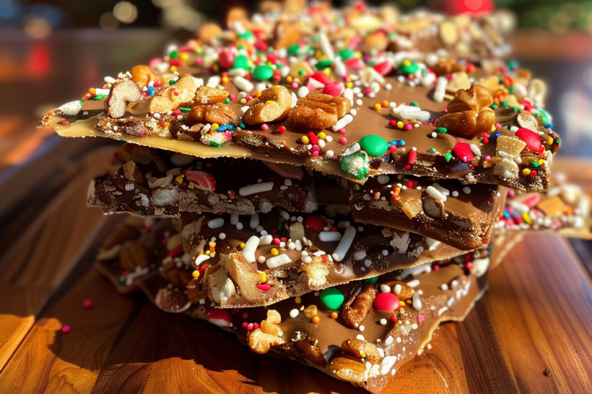 Close-up of freshly made Christmas crack with a golden toffee base, melted chocolate layer, and festive toppings like sprinkles and crushed candy canes, displayed on a wooden table with Christmas decorations in the background.