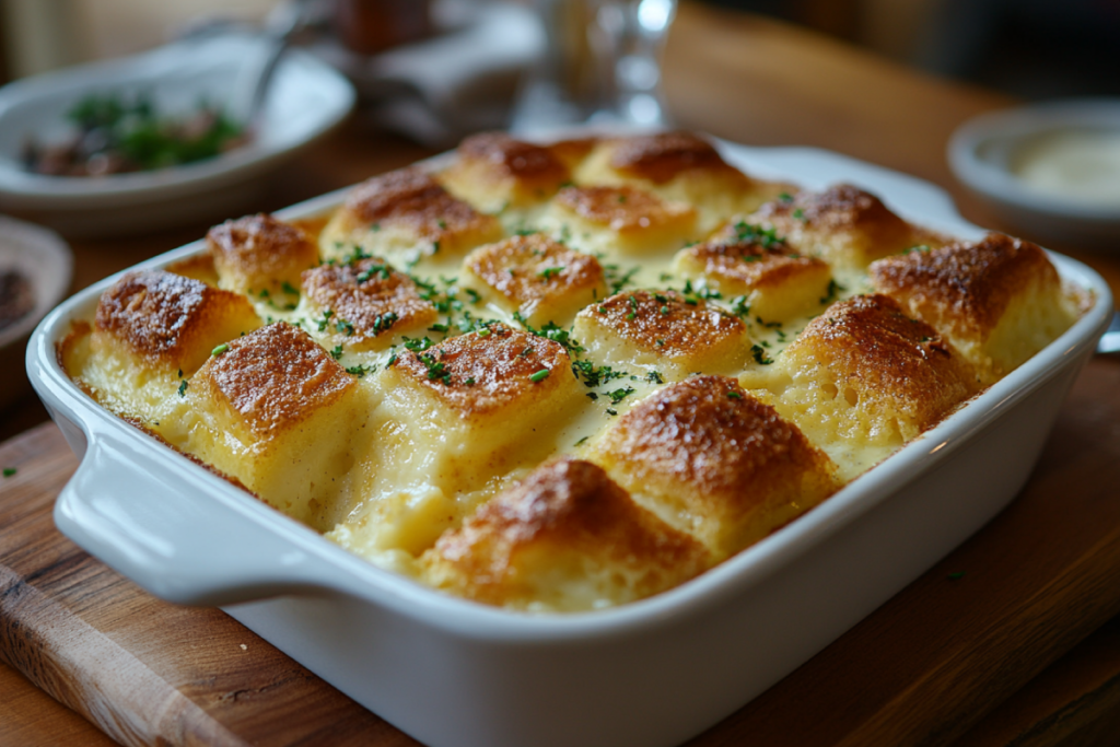 Freshly baked bread pudding with a golden, crispy top and creamy custard layer, illustrating the solution to 'Why is my bread pudding mushy?