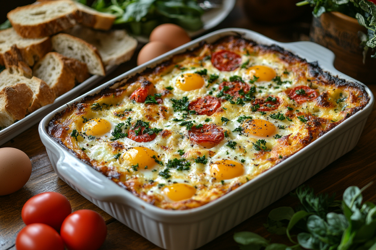 A golden breakfast casserole freshly baked in a ceramic dish, surrounded by eggs, bread, and vegetables, showing how to avoid sogginess.