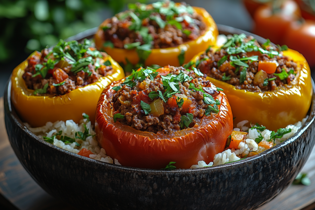 A steaming bowl of stuffed pepper soup with colorful bell peppers, ground meat, rice, and tomato broth, perfect for fixing bland stuffed pepper soup.