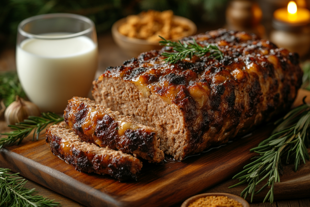 A sliced meatloaf on a wooden cutting board with a glass of milk and breadcrumbs, illustrating why milk instead of water in meatloaf enhances texture and flavor.