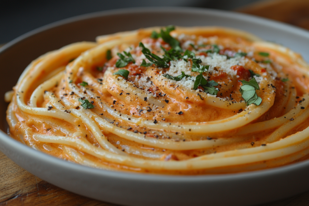 Plate of spaghetti with creamy tomato sauce made using sour cream, garnished with fresh basil and Parmesan cheese, highlighting why put sour cream in spaghetti sauce.