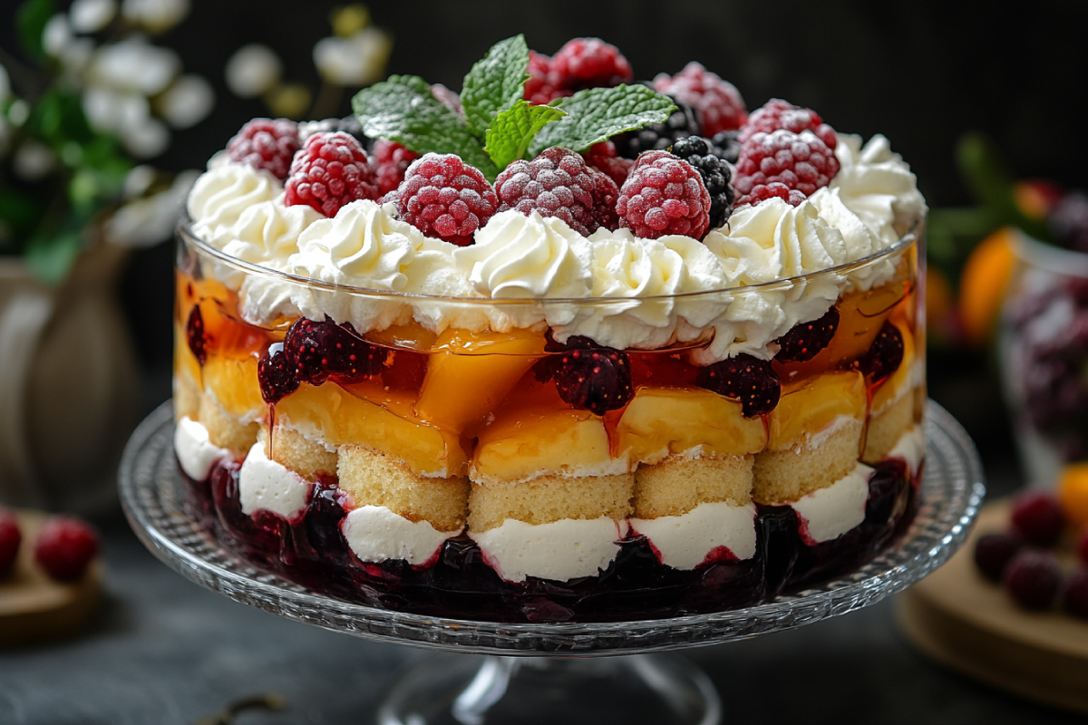 Layered trifle in a glass bowl with sponge cake, custard, jelly, fruit, and whipped cream, answering the question: Will a trifle get soggy overnight?