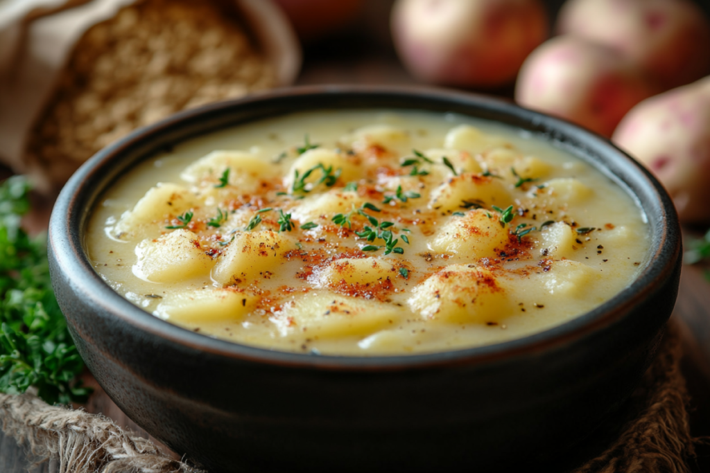 Steaming bowl of creamy potato soup thickened with instant potatoes, surrounded by a bag of instant potato flakes and fresh ingredients.