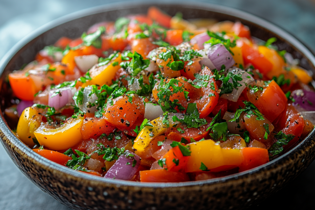 A crockpot filled with vibrant bell peppers, onions, and tomatoes cooking, illustrating how peppers soften in the crockpot.