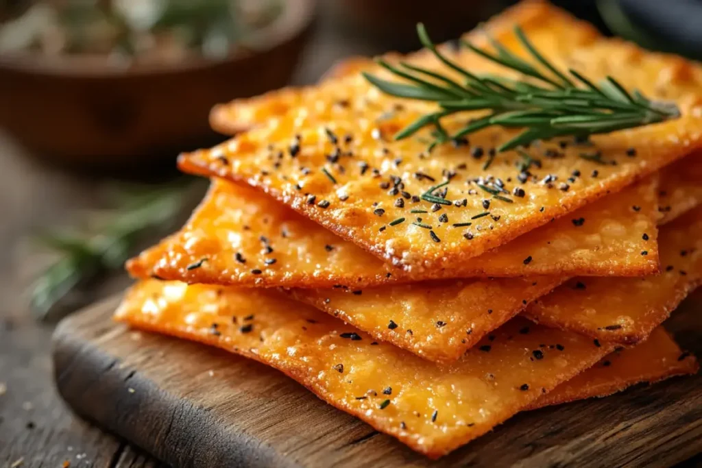 Close-up image of crispy cheese snacks, including Parmesan crisps, cheddar crisps, and Asiago crisps, highlighting their golden-brown, caramelized textures and crunchy essence, arranged elegantly on a wooden board—perfect for showcasing the appeal of crispy cheese snacks.