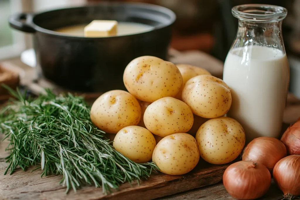 Four simple ingredients for the best thickener for potato soup: Russet potatoes, an onion, a stick of butter, and a jug of milk, neatly arranged on a rustic wooden countertop, showcasing the essentials for a creamy and flavorful potato soup.