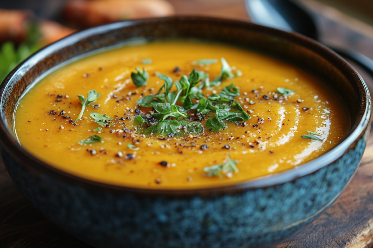 Delicious bowl of the healthiest soup at Panera Bread, featuring fresh vegetables like carrots, tomatoes, and spinach on a rustic wooden table.