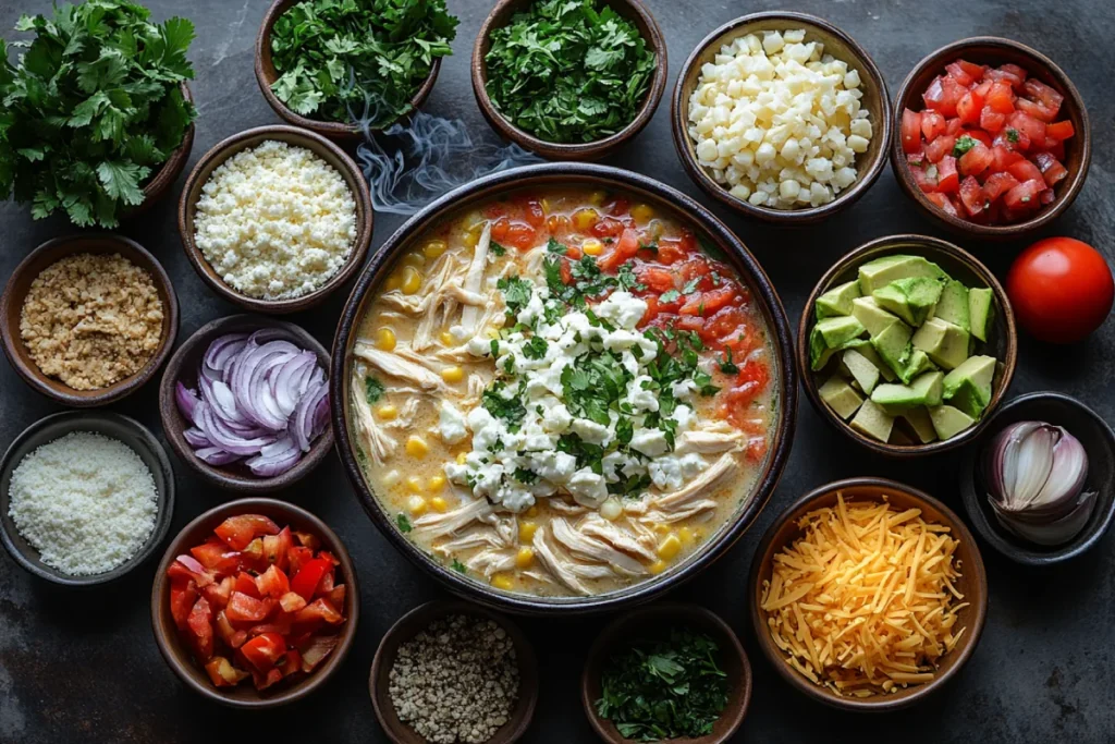 Step-by-step recipe ingredients for creamy chicken tortilla soup, including spices, vegetables, chicken, broth, cream, and toppings like crispy tortilla strips, cheese, avocado, and cilantro, illustrating what makes soup more creamy.