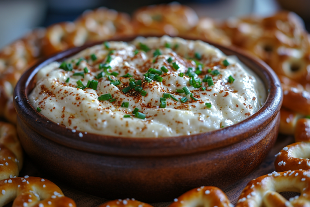 Rustic bowl of creamy pretzel cheese dip garnished with chives and paprika, surrounded by soft golden pretzels on a wooden platter.