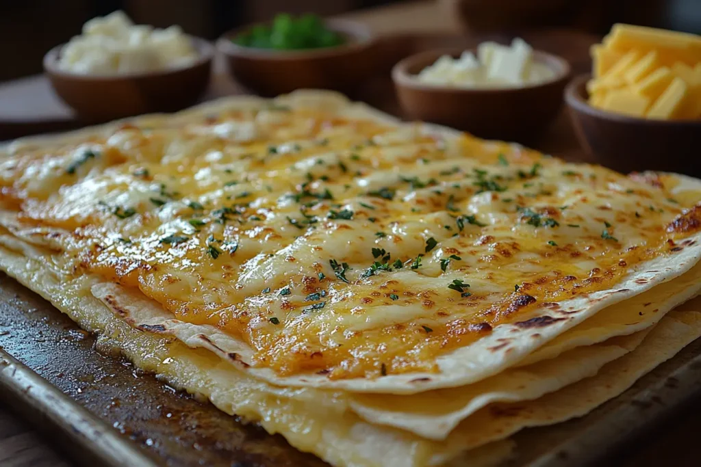 Arizona cheese crisp being prepared on a baking sheet, featuring a golden-brown flour tortilla brushed with butter and topped with melted cheddar cheese, with bowls of Monterey Jack and Colby cheeses nearby in a warm kitchen setting.