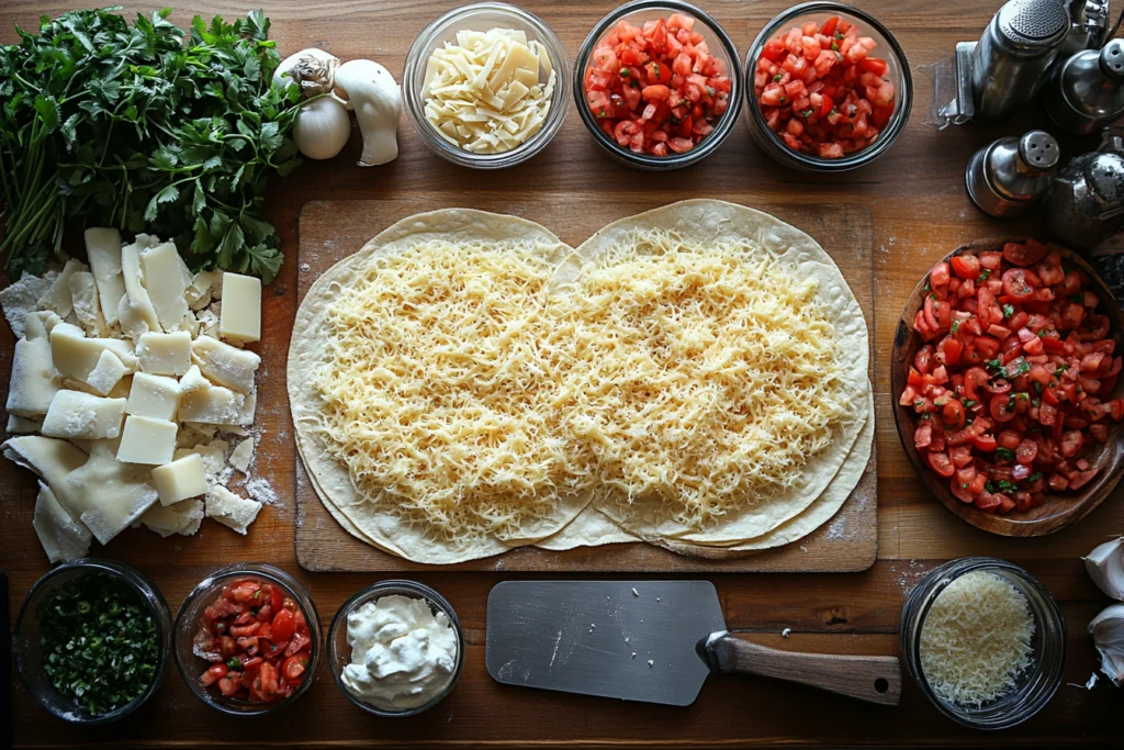 Kitchen tools and ingredients needed for making a cheese crisp, including a baking sheet, pizza stone, sharp knife, spatula, flour tortillas, freshly grated cheese, and toppings, showcasing what is a cheese crisp called with the right preparation tools.