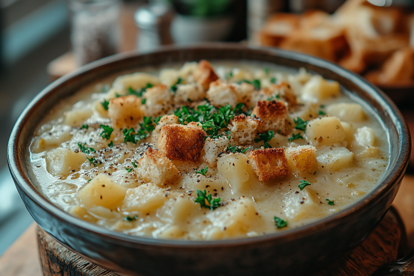 A steaming bowl of thick, creamy potato soup garnished with parsley and croutons, showing how to thicken potato soup for a hearty meal.