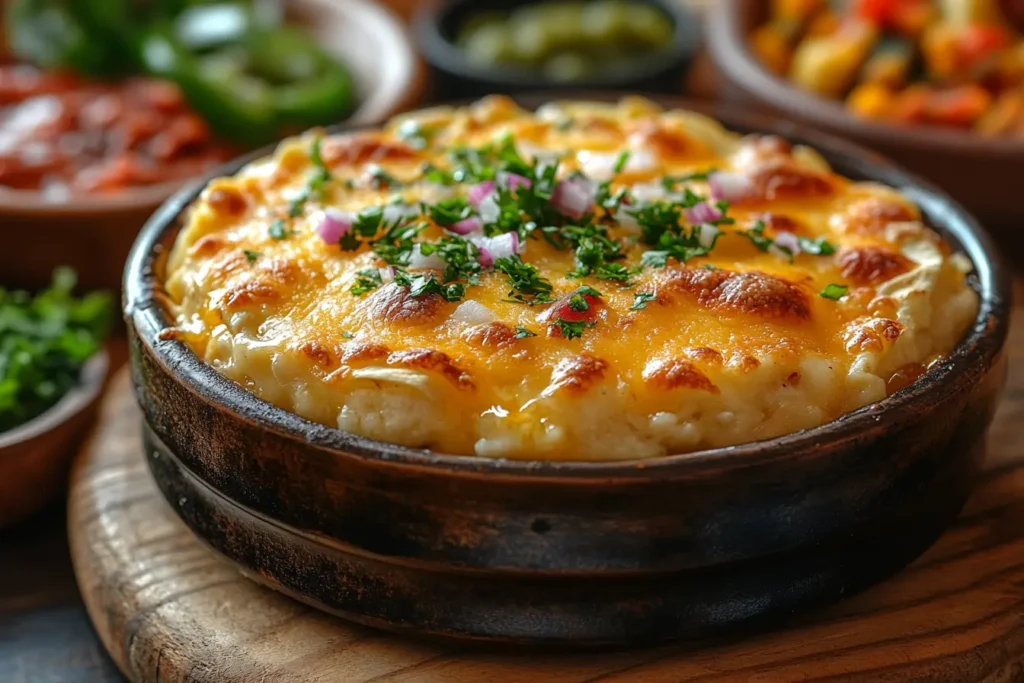 Arizona cheese crisp on a rustic wooden table, featuring a golden, bubbly tortilla topped with melted cheddar cheese, served alongside green chilies, in a Southwestern restaurant setting with warm lighting and traditional Mexican decor.