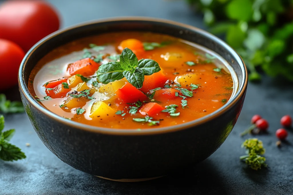 Delicious bowl of stuffed pepper soup on a wooden table, showcasing the ingredients and garnishes, highlighting the calories in a cup of stuffed pepper soup.