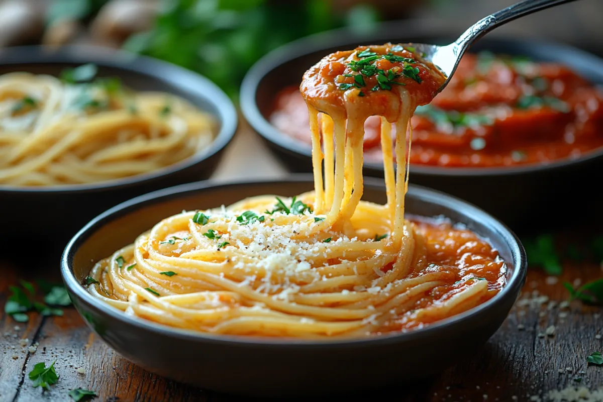 A homemade dish showcasing an Alfredo and Spaghetti Sauce Pairing, with creamy Alfredo and rich red spaghetti sauce drizzled over pasta on a rustic wooden table, garnished with fresh herbs and Parmesan cheese.