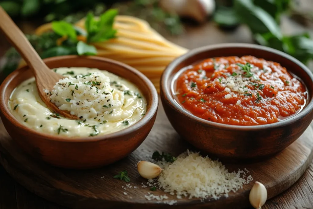 A homemade kitchen scene featuring two bowls of sauce side by side, highlighting the Alfredo and Spaghetti Sauce Pairing. One bowl contains creamy, buttery Alfredo sauce, while the other holds chunky, vibrant red spaghetti sauce, with a wooden spoon lifting each to showcase their contrasting textures and colors. Fresh herbs, garlic, and Parmesan cheese are scattered around for a rustic touch.