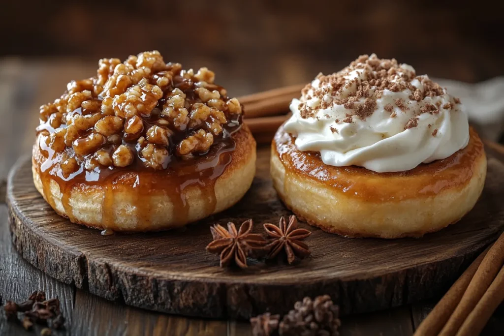 Side-by-side comparison of sticky buns with caramelized topping and cinnamon rolls with creamy frosting, highlighting their differences in an Easy Sticky Buns Recipe.