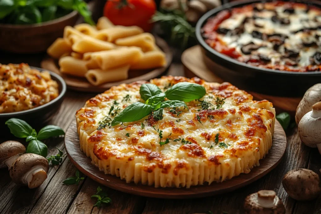 A homemade kitchen scene showcasing four creative dishes featuring an Alfredo and Spaghetti Sauce Pairing. The image includes a plate of swirled Alfredo and spaghetti sauce pasta, a cheesy layered pasta bake, a pizza with both sauces as the base, and stuffed pasta shells drizzled with both sauces. Fresh basil, Parmesan, and other ingredients add a rustic touch to the inviting presentation.