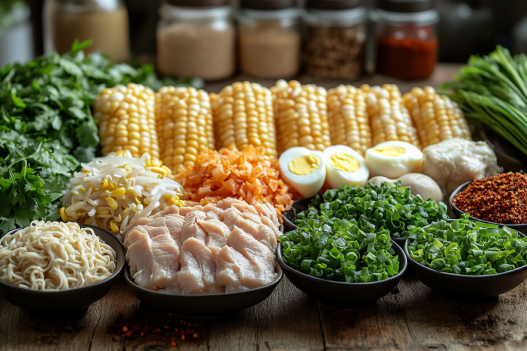 A homemade arrangement of essential ingredients for creamy chicken ramen, including chicken stock, heavy cream, miso paste, garlic, ginger, boneless chicken thighs, fresh ramen noodles, soft-boiled eggs, green onions, corn, mushrooms, chili oil, and sesame seeds, displayed on a rustic kitchen counter with warm natural lighting.