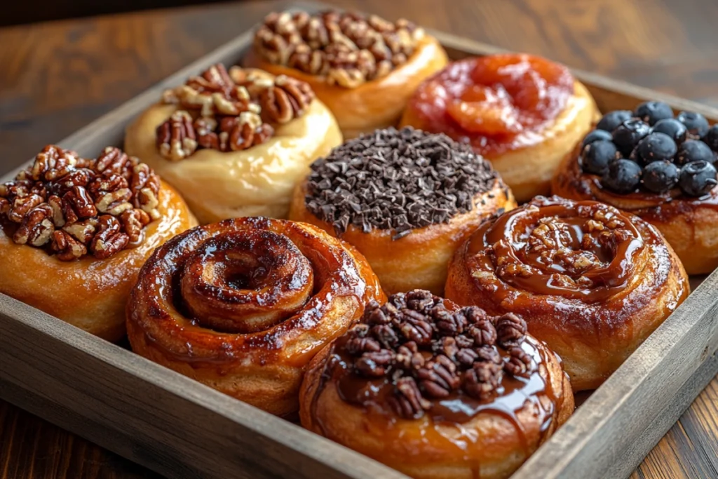 An assortment of flavorful variations in an Easy Sticky Buns Recipe, including maple pecan, honey walnut, chocolate hazelnut, orange cardamom, and coconut caramel.