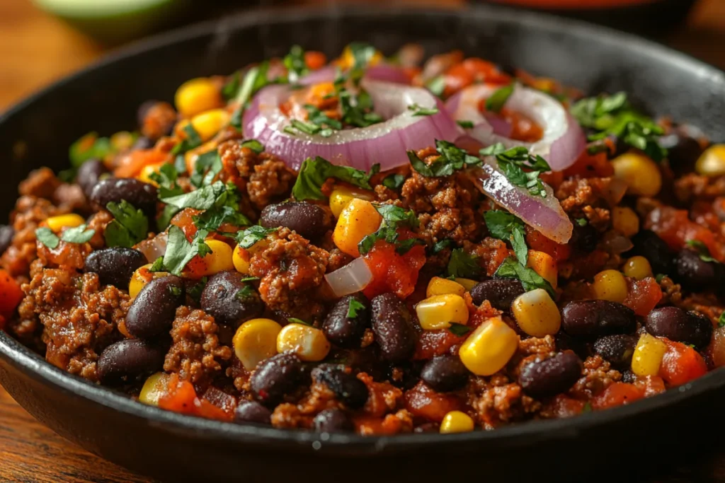 A close-up view of the meat layer for taco tater tot casserole, featuring seasoned ground beef, onions, garlic, black beans, corn, and salsa in a skillet, ready to be layered in the casserole.