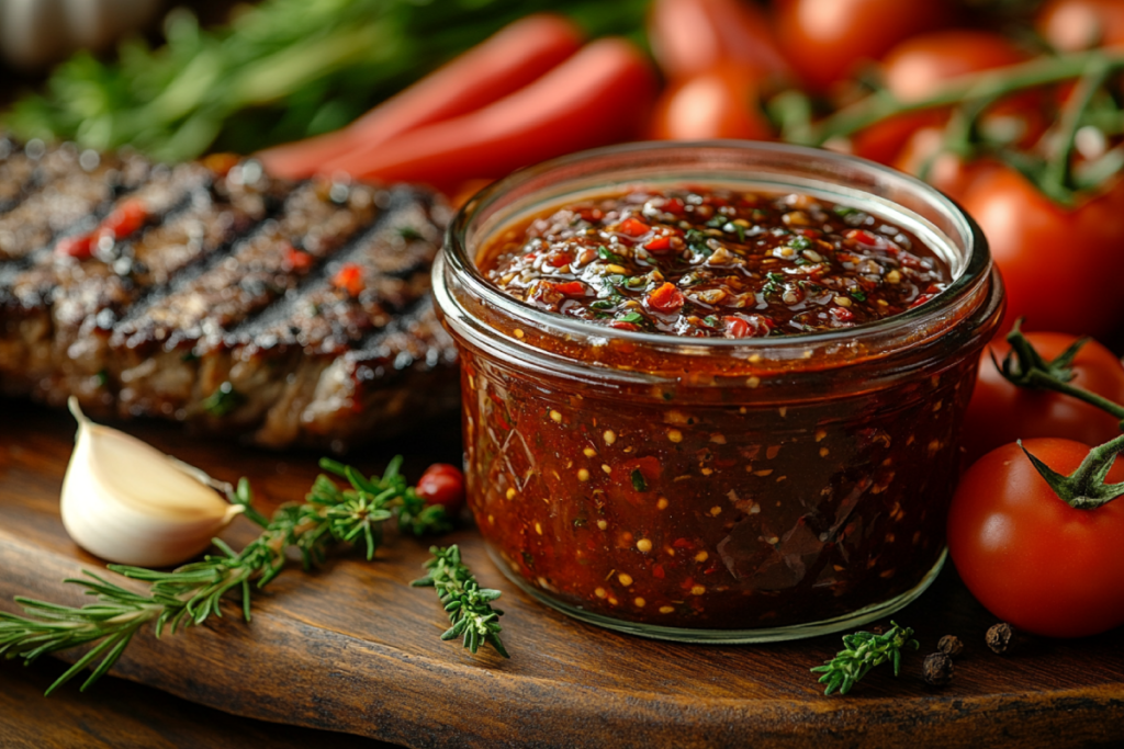 A rustic glass jar of Homemade A1 Steak Sauce Recipe surrounded by fresh ingredients like tomatoes, garlic, and spices, with grilled steak and roasted vegetables in the background, showcasing a natural and homemade vibe.